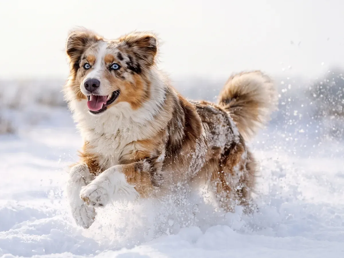 Australian Shepherd rennt fröhlich und schmerzfrei durch den Schnee
