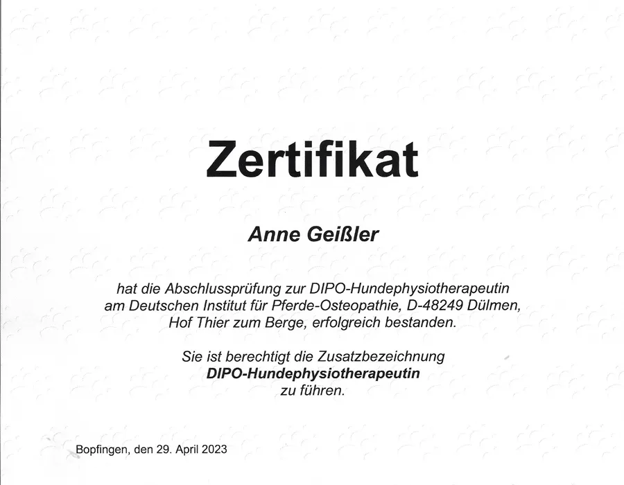 Zertifikat über die bestandene Abschlussprüfung zur DIPO-Hundephysiotherapeutin, ausgestellt im April 2023