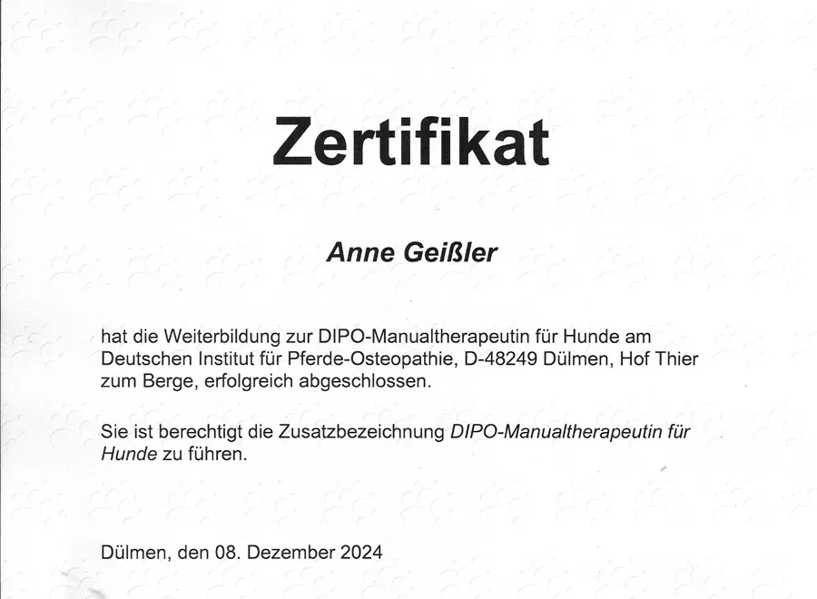 Zertifikat über die abgeschlossene Weiterbildung zur DIPO-Manualtherapeutin für Hunde, ausgestellt im Dezember 2024