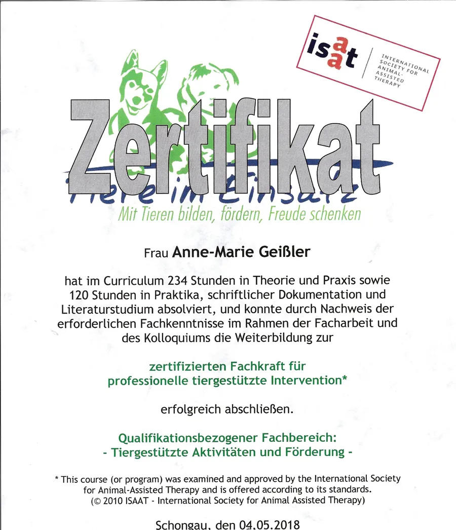 Zertifikat über die Weiterbildung zur zertifizierten Fachkraft für professionelle tiergestützte Intervention, ausgestellt im Mai 2018